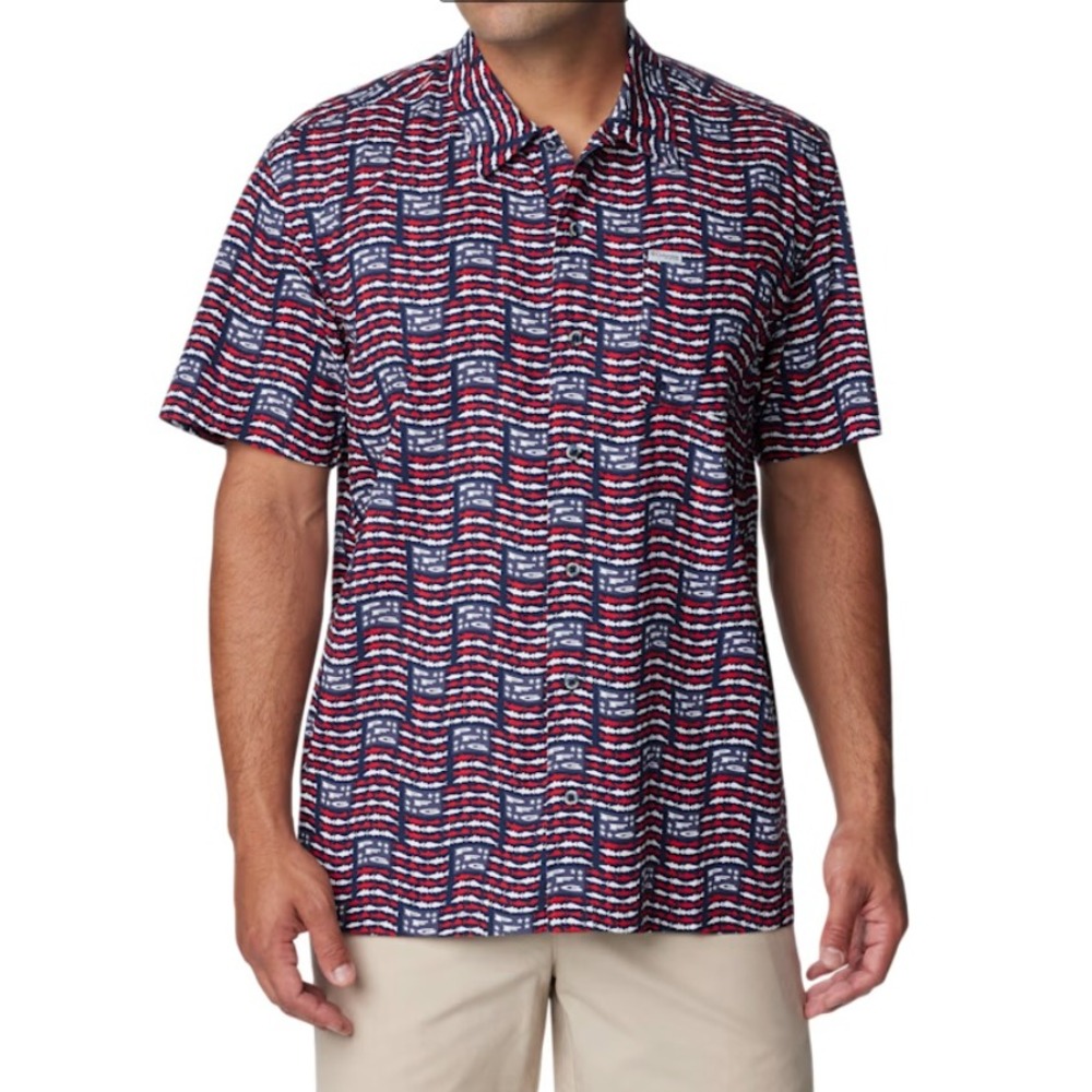 COLUMBIA PFG Trollers Best Short-Sleeve Shirt Small NEW Fish Flag‎ Americana